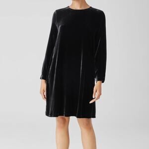 NWT Eileen Fisher black Velvet silk blend Crew Neck Dress, L
